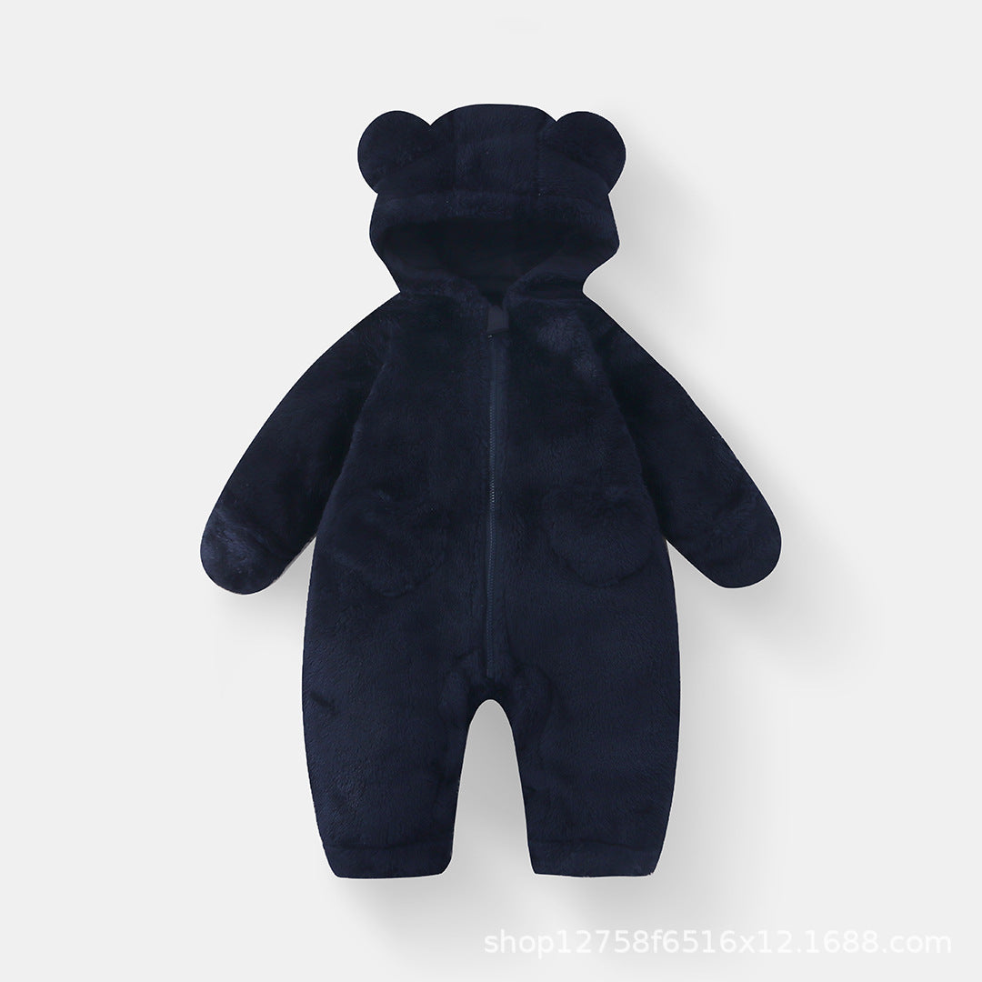 Baby Plush Jumpsuit Baby Autumn and Winter Warm Bear Hooded Hoodie Kidsren's One-Piece Pajamas Plus Velvet Blouse