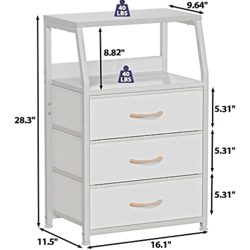 Furnulem White Dresser with 3 Drawers and 2-Tier Shelf, Small Nightstand End Table Side Furniture, Storage Organizer Fabric Dres