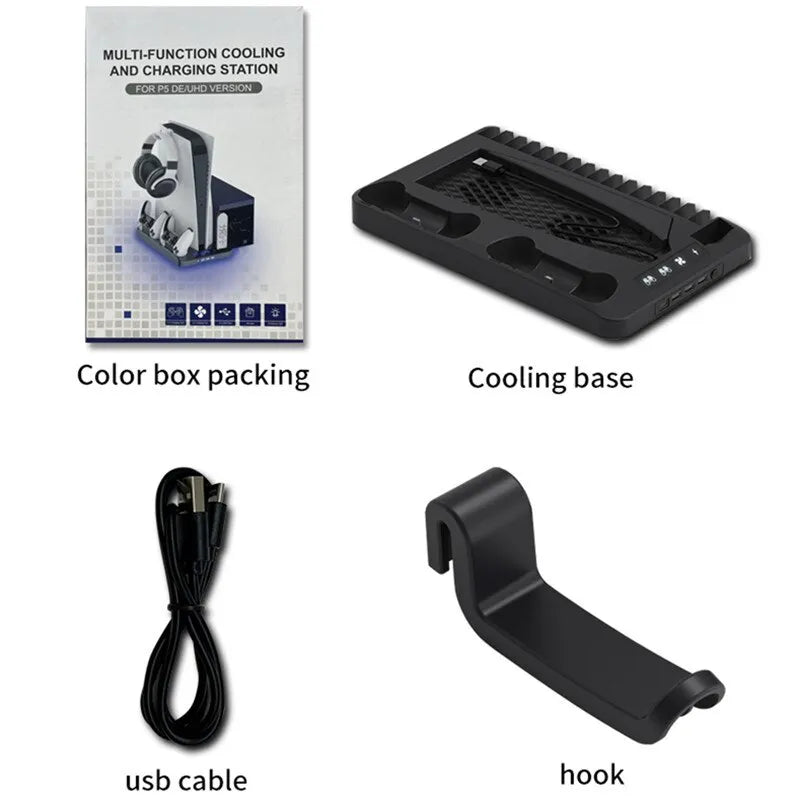 YLW P58 P5 حامل تبريد مزود بمروحة تبريد بإضاءة RGB ووحدة تحكم مزدوجة وشاحن لألعاب بلاي ستيشن 5 وملحقات PS5