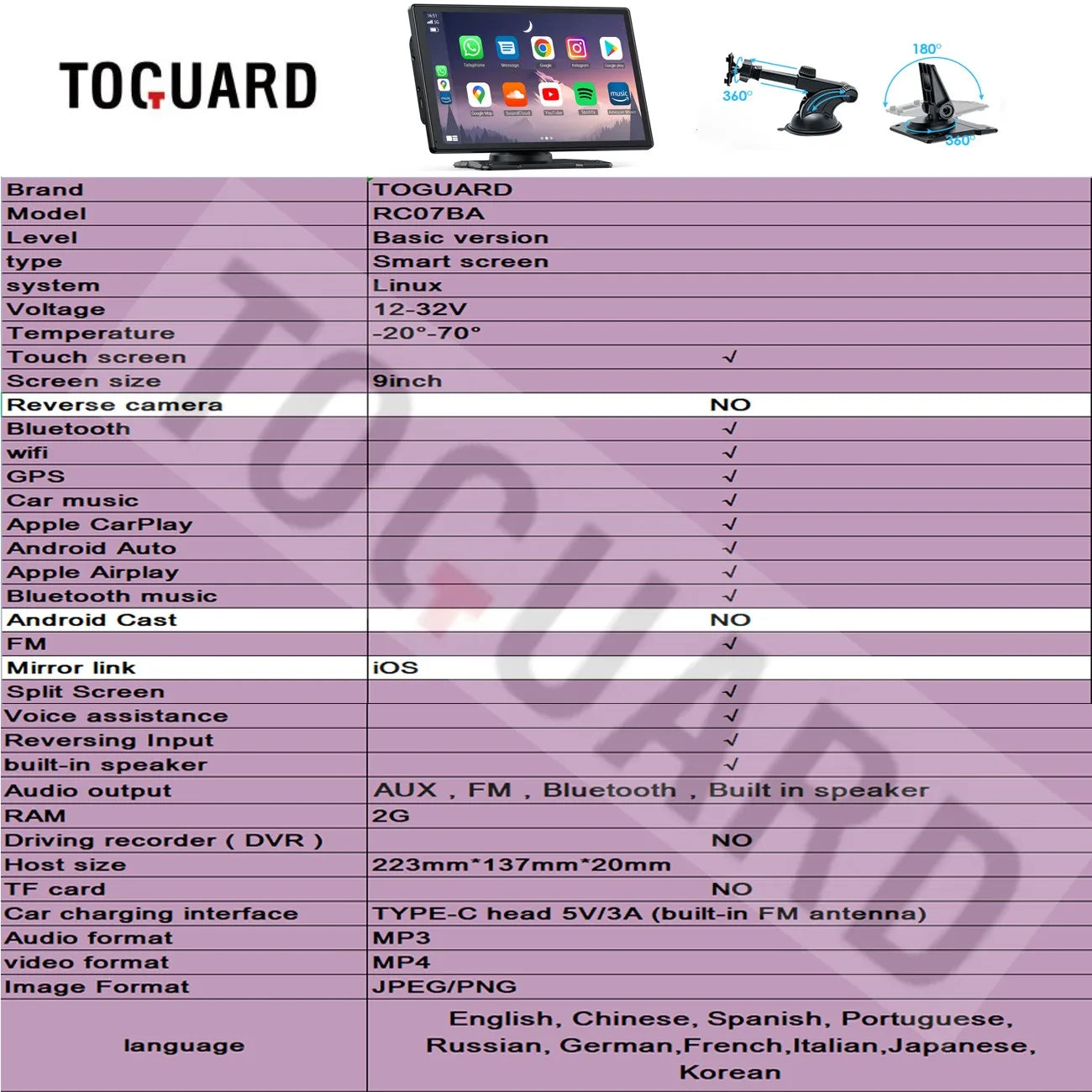 مشغل ستيريو سيارة TOGUARD مقاس 9 بوصات Carplay لاسلكي Apple Mirror Link وشاشة عرض سيارة Android Auto تعمل باللمس GPS Wifi BT