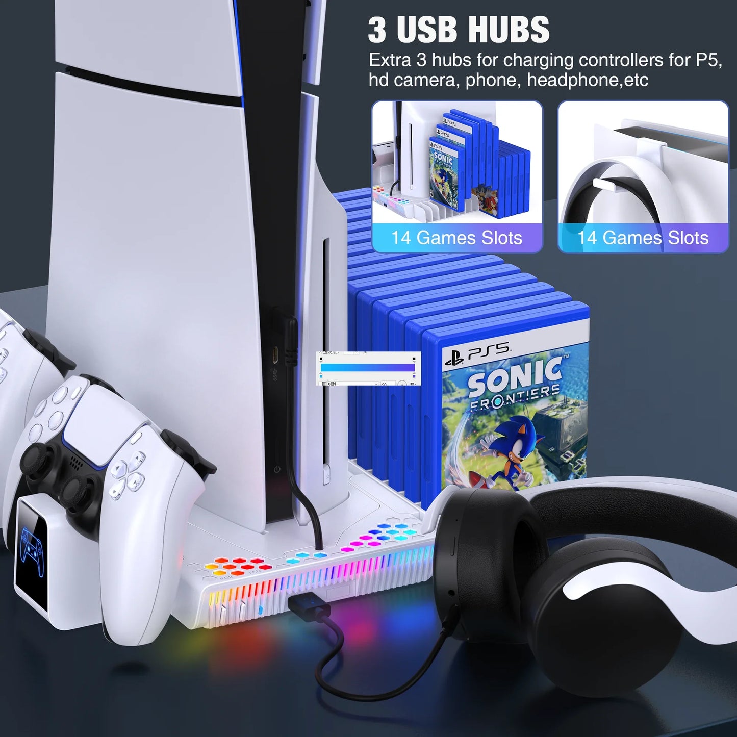 وحدة تحكم تبريد عمودية BEBONCOOL S3000 RGB مزودة بحامل تبريد لجهاز PlayStation 5 Slim/PlayStation 5 الرقمي/الأقراص