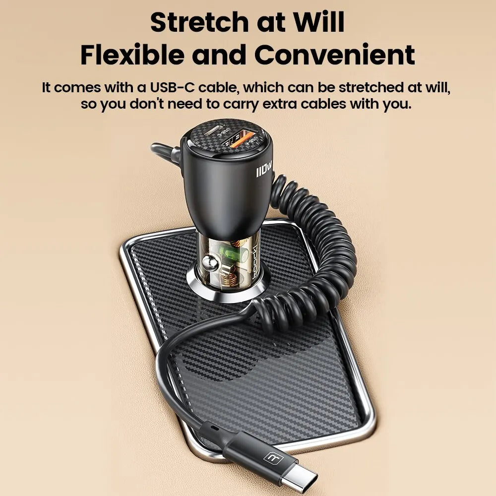 شاحن سيارة Toocki USB 110 واط، شحن سريع 4.0، شاحن سيارة شفاف من النوع C، مع كابل من النوع C لهاتف Xiaomi iPhone Samsung S2