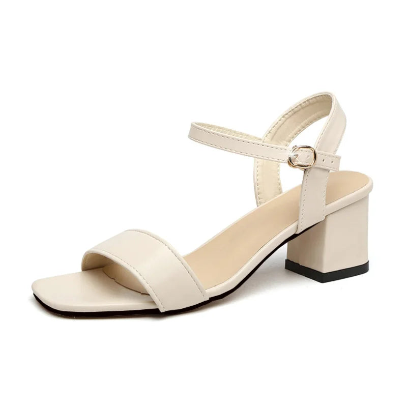 2023 Summer New Square Head Solid Color Temperament Women's Large Fashion Sandals with One Line Buckle High Heels Women