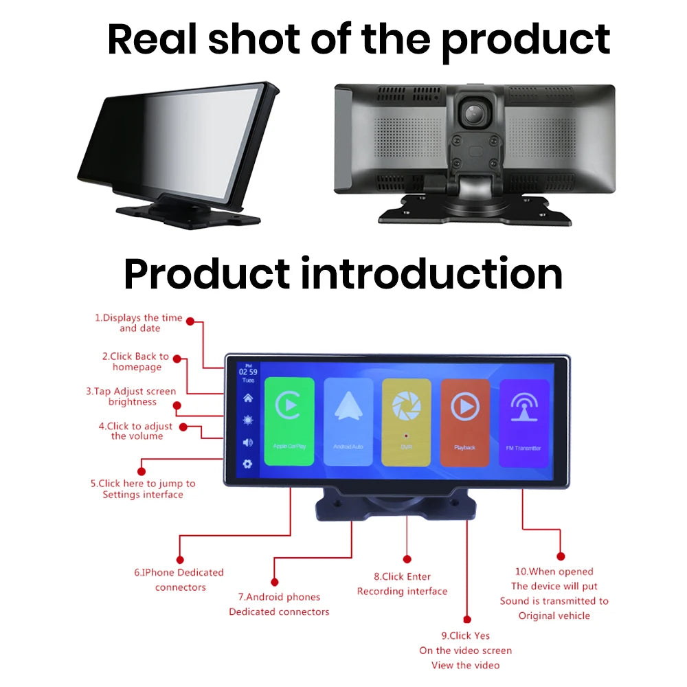مشغل الوسائط المتعددة المحمول للسيارة JoyeAuto، مشغل CarPlay اللاسلكي، Android Auto، شاشة IPS مقاس 10.26 بوصة، واي فاي، بلوتوث، التحكم الصوتي