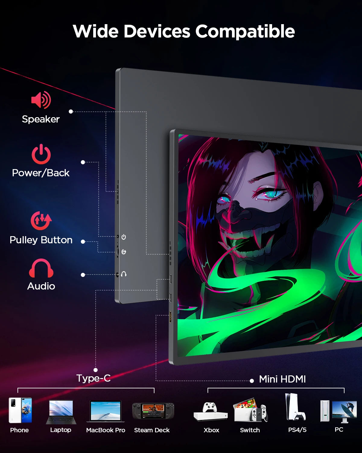 شاشة UPERFECT المحمولة مقاس 16 بوصة بدقة 2K ودقة 2560*1600 و16:10 و100%sRGB و500Cd/m² و120 هرتز للألعاب لأجهزة Xbox PS5 وSwitch والكمبيوتر المحمول وMac والهواتف