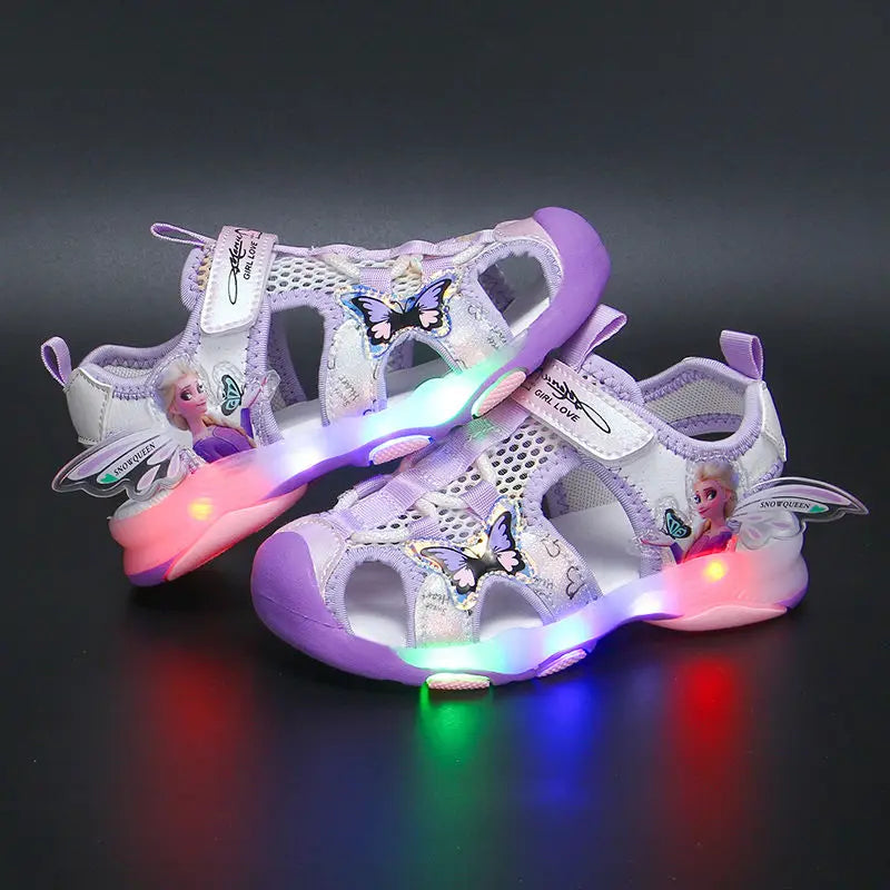 صنادل ديزني للبنات، تصميم صيفي خفيف، بنعل ناعم مضاد للانزلاق، أحذية كرتونية للأميرة إلسا، وردية وأرجوانية، مقاس 23-36