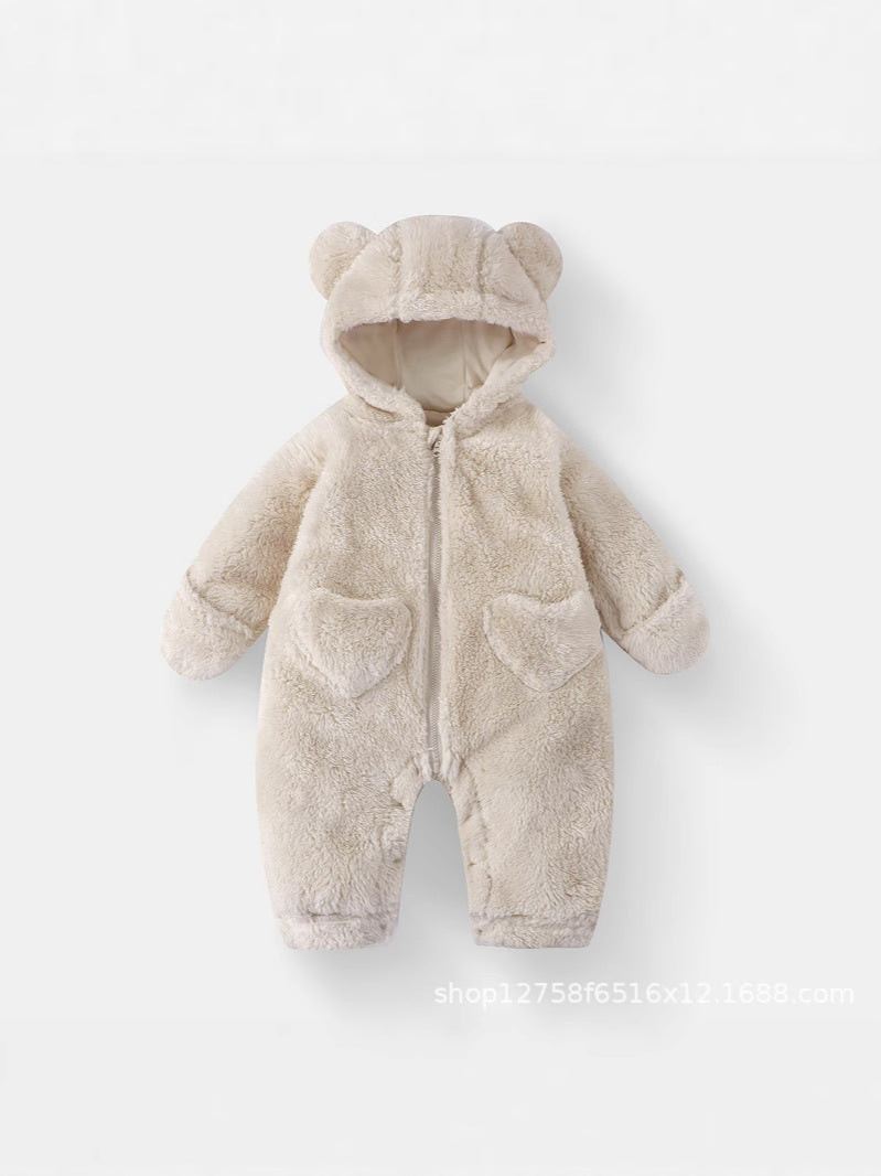 Baby Plush Jumpsuit Baby Autumn and Winter Warm Bear Hooded Hoodie Kidsren's One-Piece Pajamas Plus Velvet Blouse