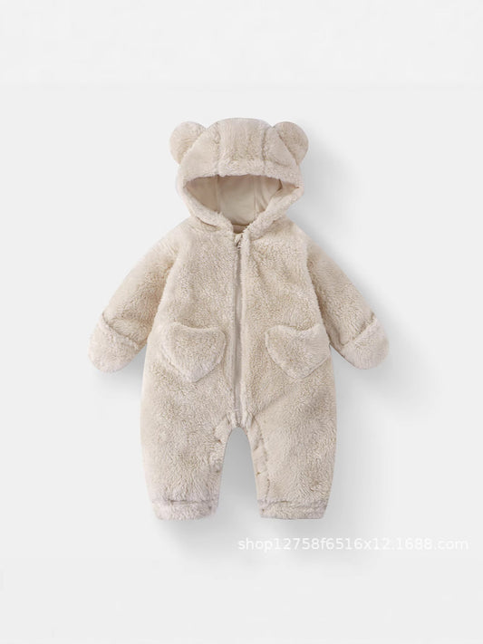 Baby Plush Jumpsuit Baby Autumn and Winter Warm Bear Hooded Hoodie Kidsren's One-Piece Pajamas Plus Velvet Blouse
