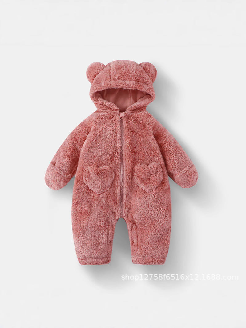 Baby Plush Jumpsuit Baby Autumn and Winter Warm Bear Hooded Hoodie Kidsren's One-Piece Pajamas Plus Velvet Blouse