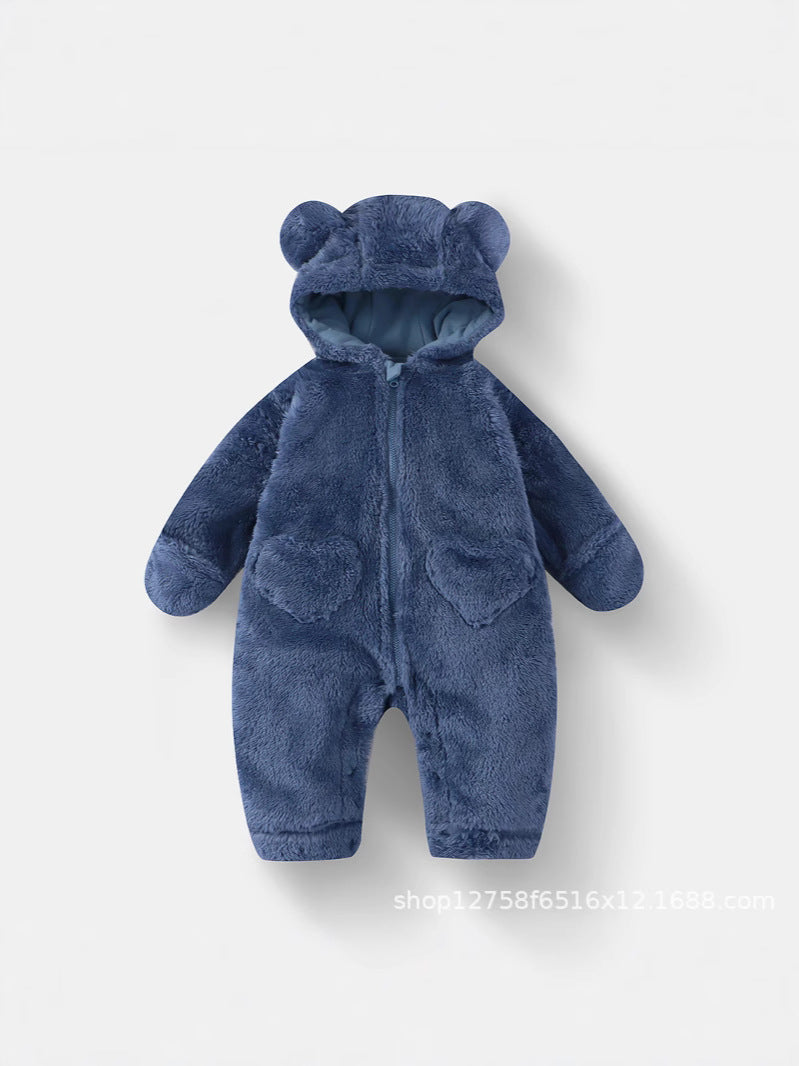 Baby Plush Jumpsuit Baby Autumn and Winter Warm Bear Hooded Hoodie Kidsren's One-Piece Pajamas Plus Velvet Blouse