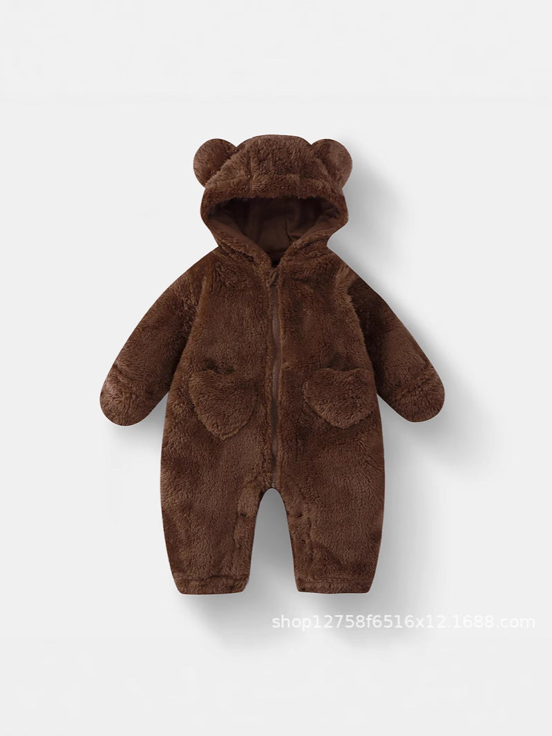 Baby Plush Jumpsuit Baby Autumn and Winter Warm Bear Hooded Hoodie Kidsren's One-Piece Pajamas Plus Velvet Blouse