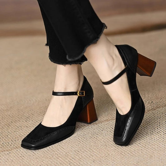 Square Toe High Heel Vintage Mary Jane Shoes With Buckle