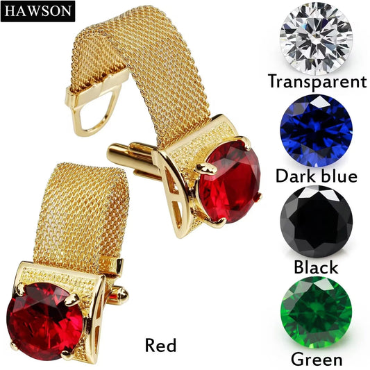 HAWSON Luxury Shiny Crystal Cufflinks for Mens with Chain, men's shirt wedding business accessories,Men's cufflinks Button 17mm