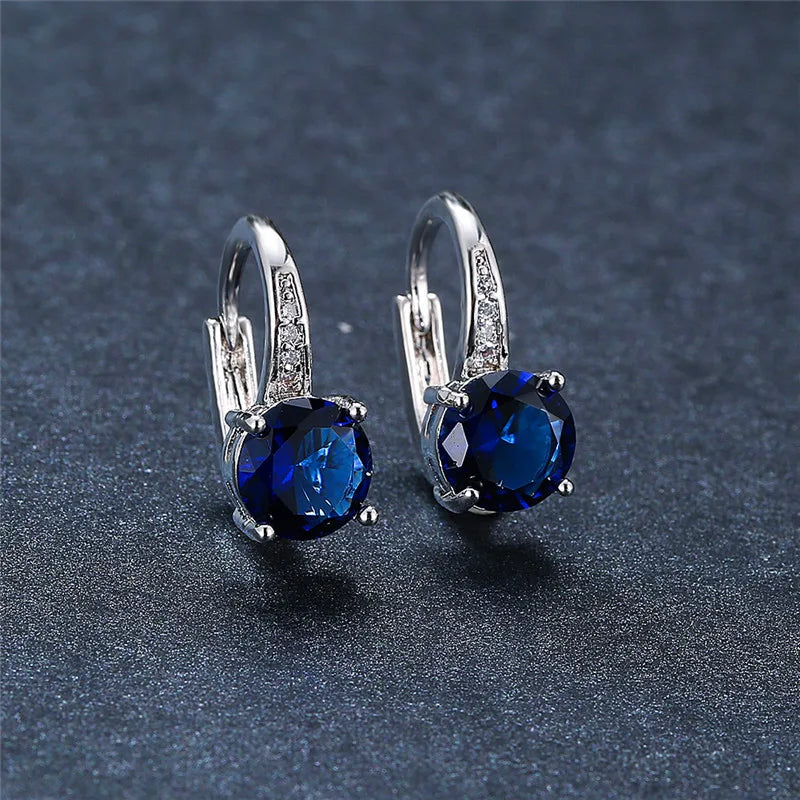 Cute Female Crystal Zircon Stone Earrings Dainty Silver Color Clip Earrings For Women Blue White Purple Round Earrings