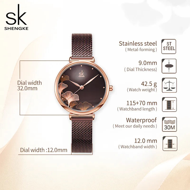 Shengke Watch For Women Creative Brown Mesh Band Women Watch Japanese Quartz Reloj Mujer Fashion Designer Serise Montre Femme