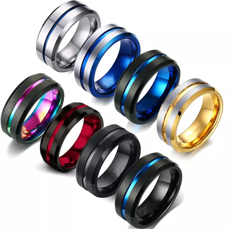 FDLK  Fashion 8MM Men's Stainless Steel Rings Colorful Groove Beveled Edge Wedding Engagement Ring Men's Anniversary Jewelry