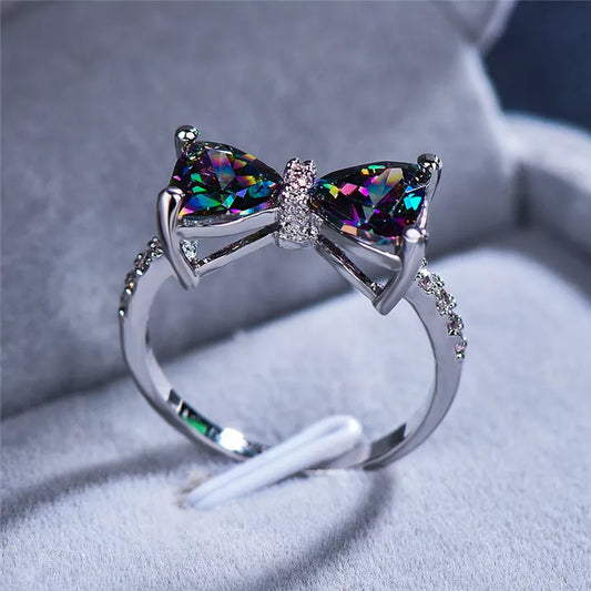 Cute Female Big Bowknot Zircon Stone Ring Simple Purple Blue Red Rainbow Wedding Ring Rose Gold Love Engagement Ring