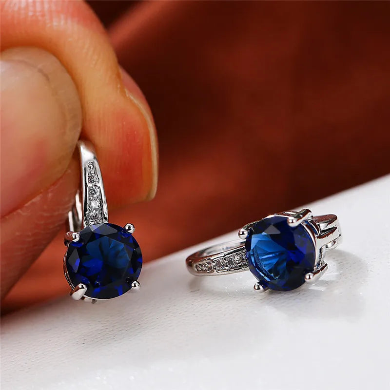 Cute Female Crystal Zircon Stone Earrings Dainty Silver Color Clip Earrings For Women Blue White Purple Round Earrings