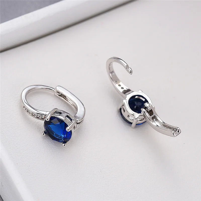 Cute Female Crystal Zircon Stone Earrings Dainty Silver Color Clip Earrings For Women Blue White Purple Round Earrings