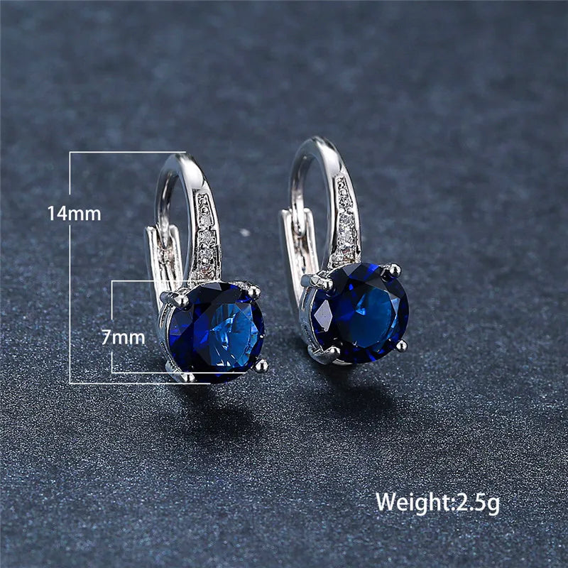 Cute Female Crystal Zircon Stone Earrings Dainty Silver Color Clip Earrings For Women Blue White Purple Round Earrings