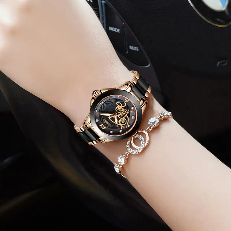 SUNKTA Brand Luxury Women Watches Black Ceramic Diamond Ladies Watch Waterproof Quartz Wristwatch Relogios Femininos Clock Gift