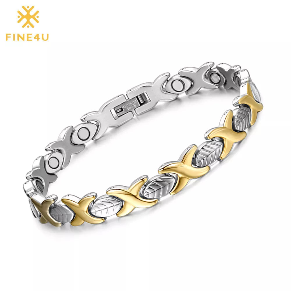 FINE4U B077 Hand Chain Leaf Design Magnetic Health Bracelets & Bangles 316L Stainless Steel Energy Healthy Bracelet For Women