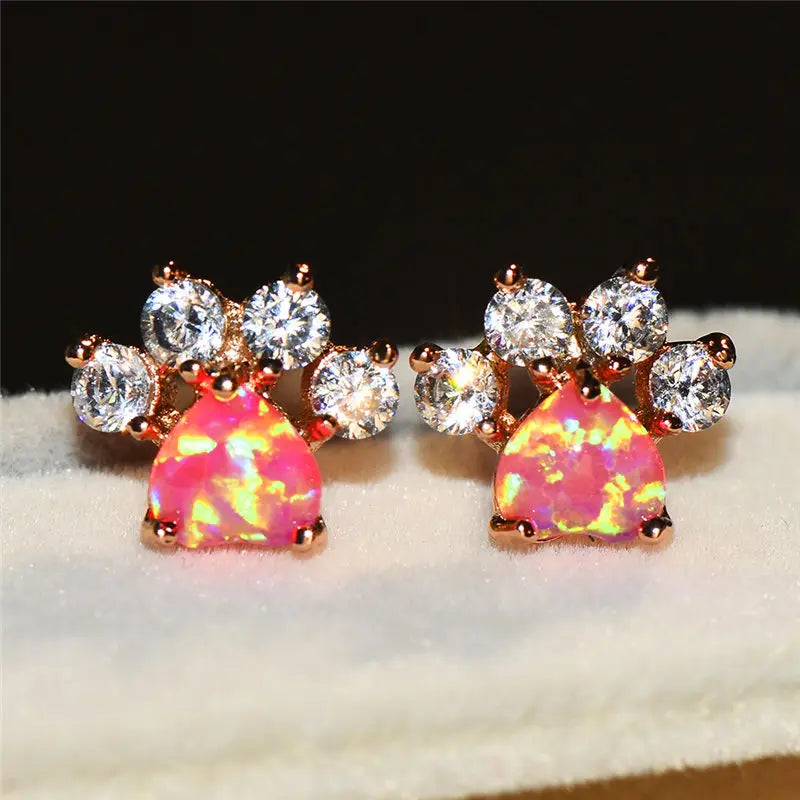 Female White Blue Opal Stone Stud Earrings Rose Gold Wedding Jewelry Boho Small Dog Cat Paw Claw Earrings For Women