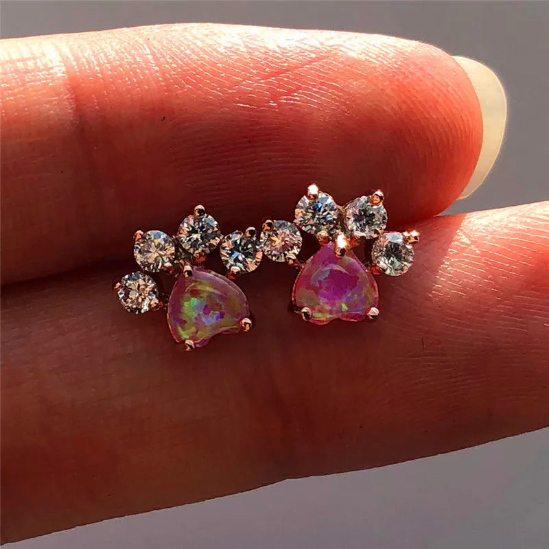 Female White Blue Opal Stone Stud Earrings Rose Gold Wedding Jewelry Boho Small Dog Cat Paw Claw Earrings For Women