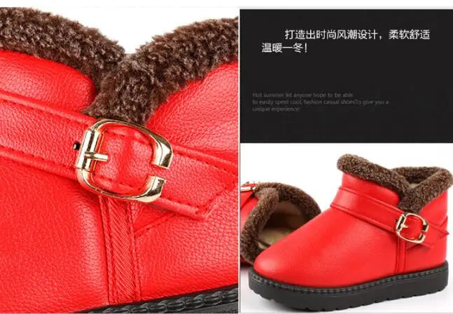 New Snow Boots For Girls Spuare Heel Round Toe Rubber shoes Winter Soft Leather Red Mid-Calf Plush Children Platform Snow shoes