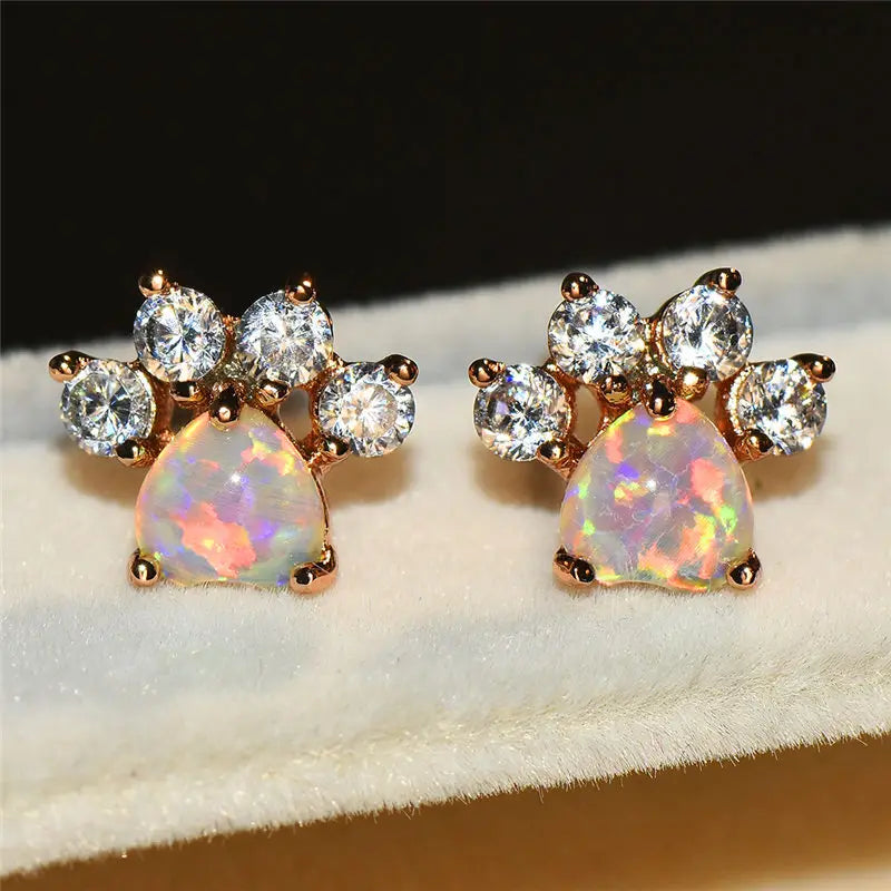 Female White Blue Opal Stone Stud Earrings Rose Gold Wedding Jewelry Boho Small Dog Cat Paw Claw Earrings For Women