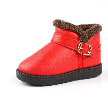 New Snow Boots For Girls Spuare Heel Round Toe Rubber shoes Winter Soft Leather Red Mid-Calf Plush Children Platform Snow shoes