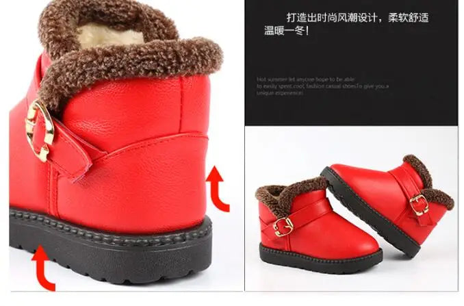 New Snow Boots For Girls Spuare Heel Round Toe Rubber shoes Winter Soft Leather Red Mid-Calf Plush Children Platform Snow shoes