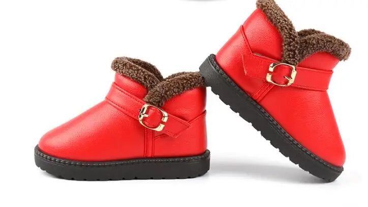 New Snow Boots For Girls Spuare Heel Round Toe Rubber shoes Winter Soft Leather Red Mid-Calf Plush Children Platform Snow shoes