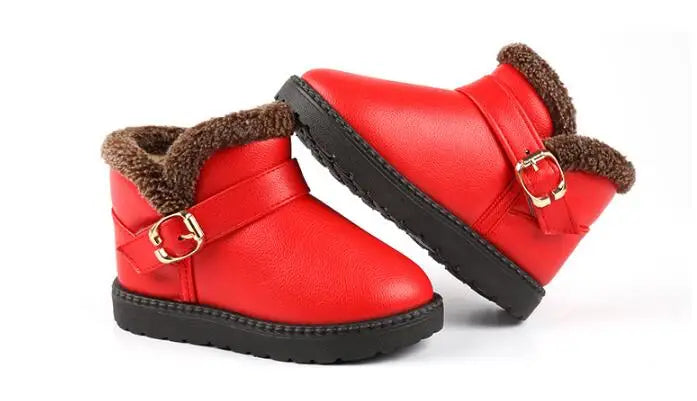 New Snow Boots For Girls Spuare Heel Round Toe Rubber shoes Winter Soft Leather Red Mid-Calf Plush Children Platform Snow shoes