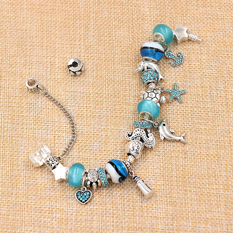 Classic Design Dolphin Charm Bracelets & Bangles for Women Jewelry Gift Blue Murano Crystal Glass Diy Bead Bracelets