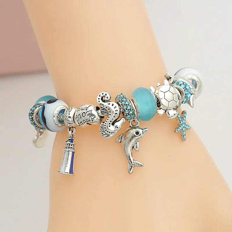 Classic Design Dolphin Charm Bracelets & Bangles for Women Jewelry Gift Blue Murano Crystal Glass Diy Bead Bracelets