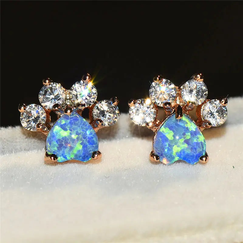 Female White Blue Opal Stone Stud Earrings Rose Gold Wedding Jewelry Boho Small Dog Cat Paw Claw Earrings For Women