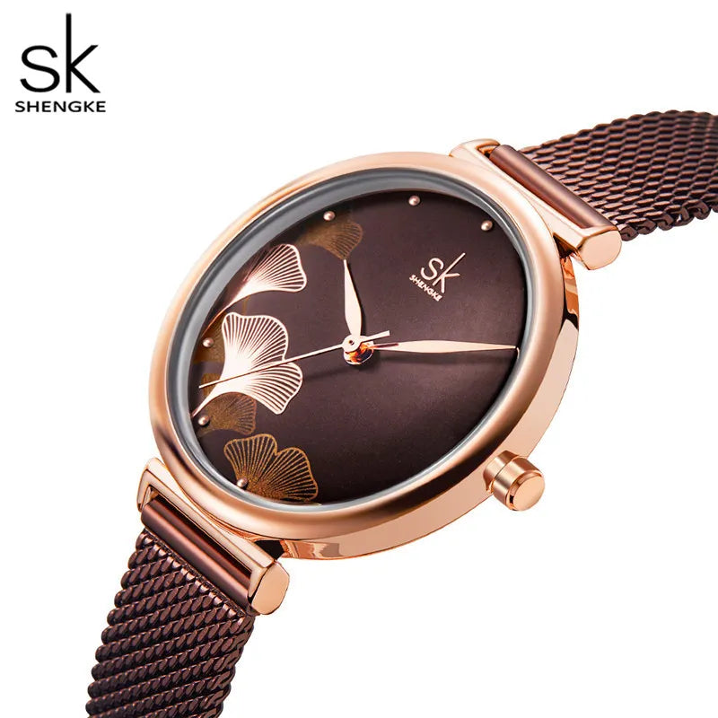 Shengke Watch For Women Creative Brown Mesh Band Women Watch Japanese Quartz Reloj Mujer Fashion Designer Serise Montre Femme