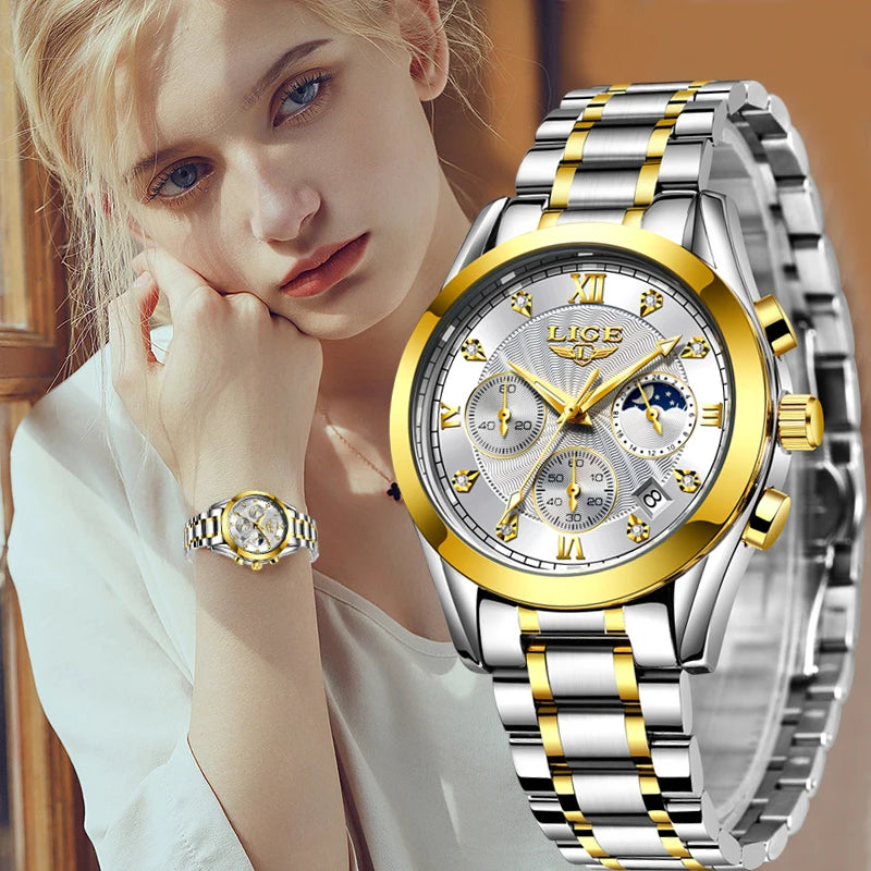 LIGE 2023 New Gold Watch Women Watches Ladies Creative Steel Women's Bracelet Watches Female Waterproof Clock Relogio Feminino