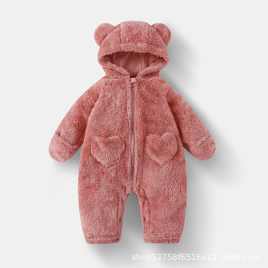 Baby Plush Jumpsuit Baby Autumn and Winter Warm Bear Hooded Hoodie Kidsren's One-Piece Pajamas Plus Velvet Blouse