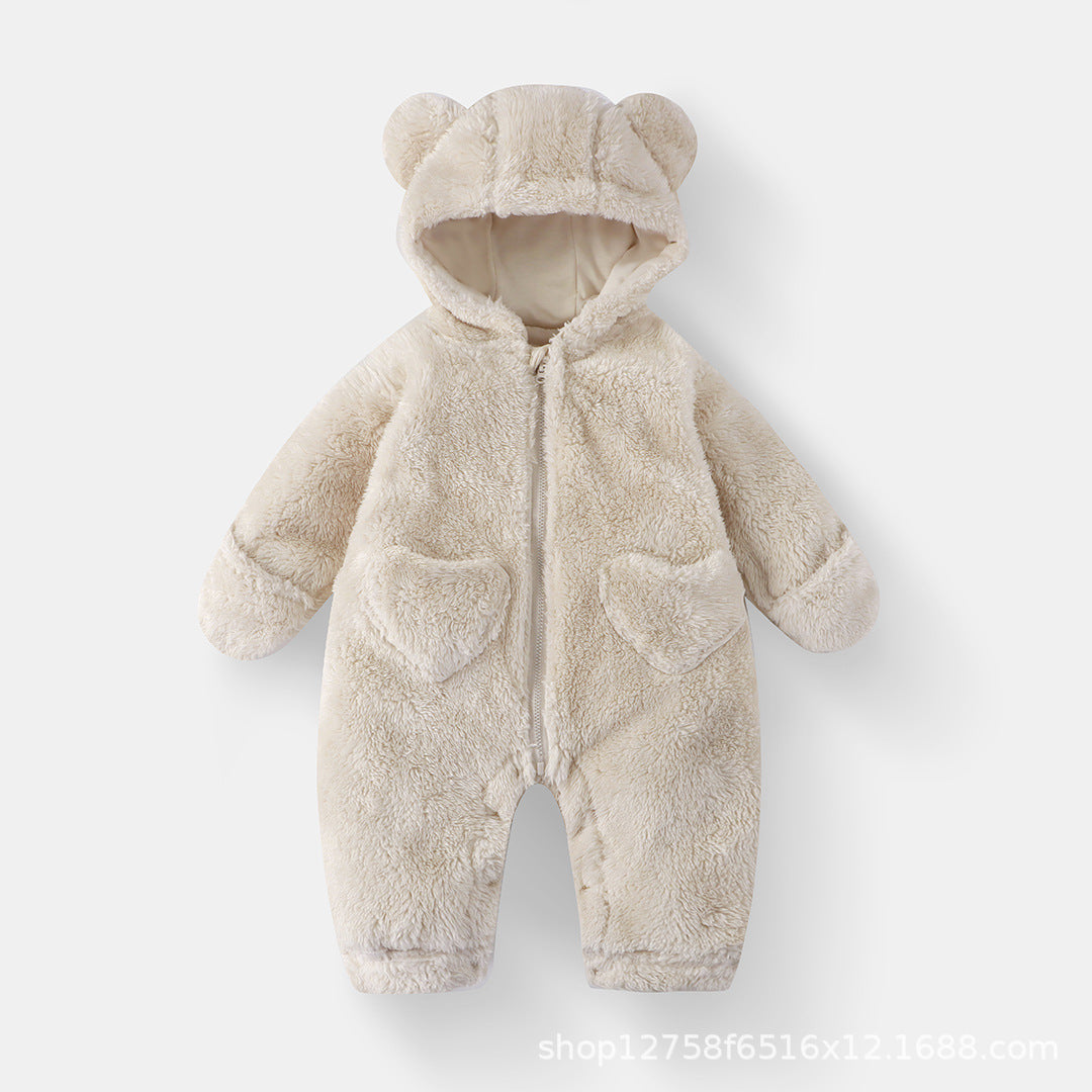 Baby Plush Jumpsuit Baby Autumn and Winter Warm Bear Hooded Hoodie Kidsren's One-Piece Pajamas Plus Velvet Blouse