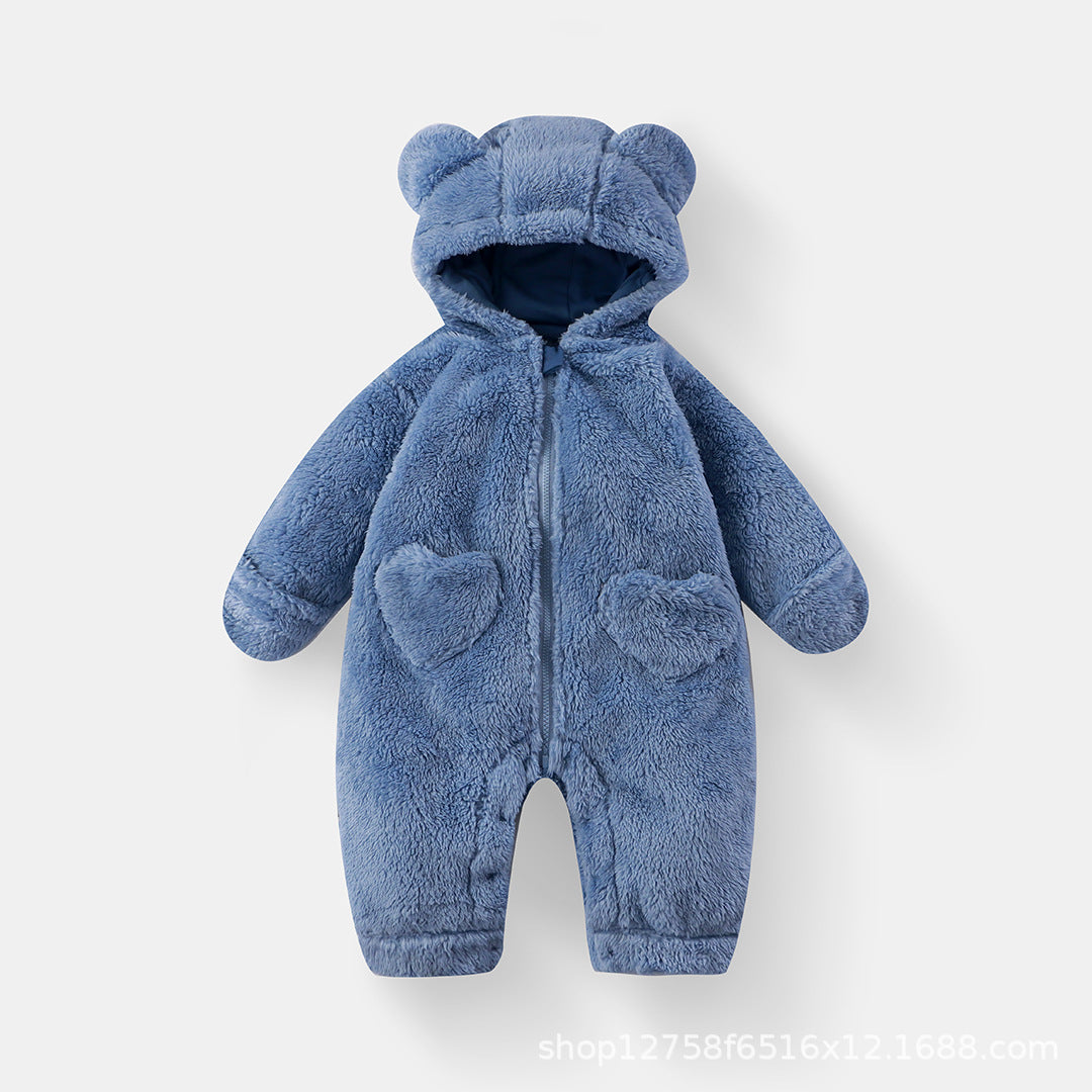 Baby Plush Jumpsuit Baby Autumn and Winter Warm Bear Hooded Hoodie Kidsren's One-Piece Pajamas Plus Velvet Blouse