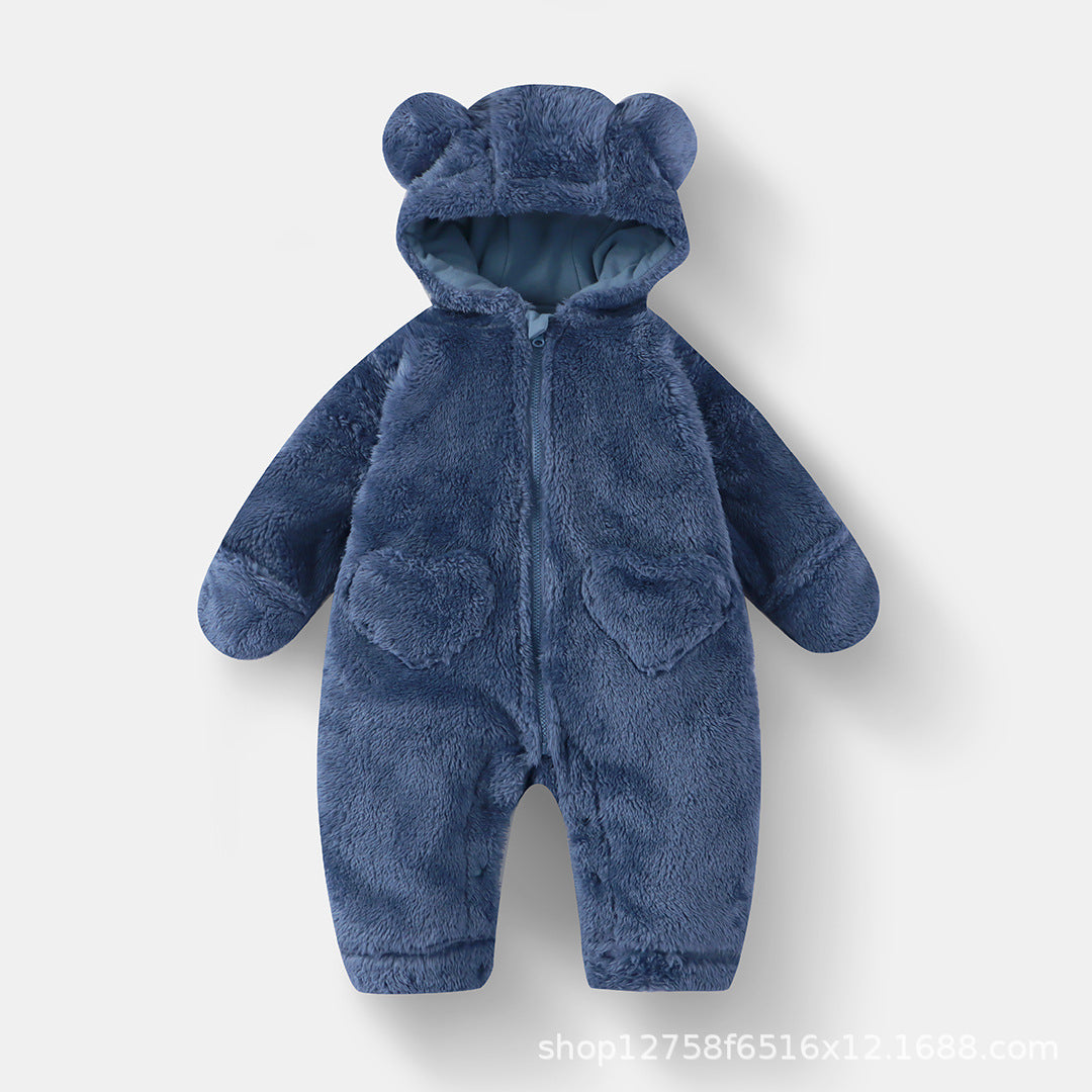 Baby Plush Jumpsuit Baby Autumn and Winter Warm Bear Hooded Hoodie Kidsren's One-Piece Pajamas Plus Velvet Blouse