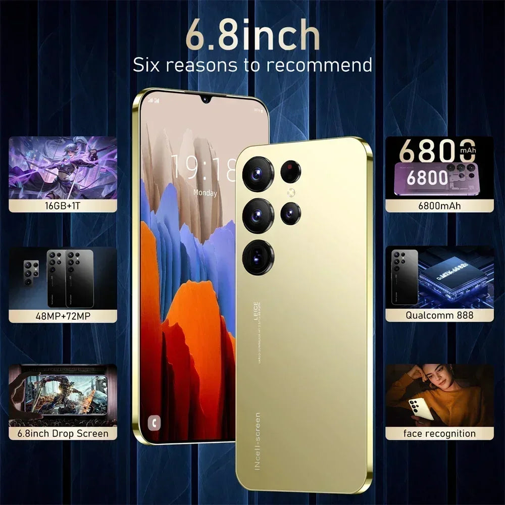 هاتف ذكي جديد وأصلي S24 Ultra+ 5G 6.8HD 16G + 1T ثنائي الشريحة يعمل بنظام Android هاتف محمول مفتوح 64 ميجابكسل 7000 مللي أمبير في الساعة