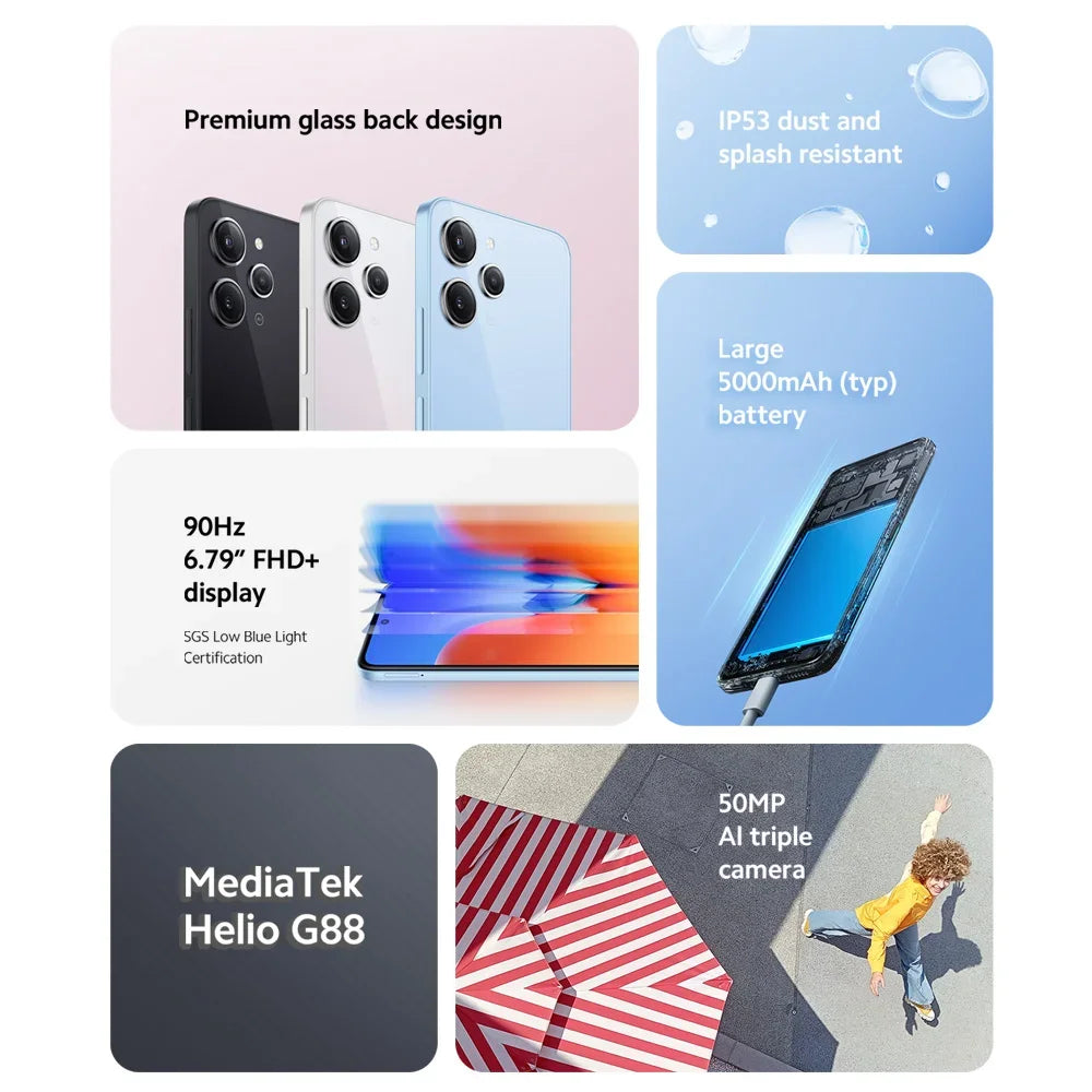 هاتف Xiaomi Redmi 12 النسخة العالمية MTK Helio G88 كاميرا ثلاثية AI بدقة 50 ميجابكسل شاشة DotDisplay كبيرة مقاس 6.79 بوصة بطارية 5000 مللي أمبير في الساعة شحن 18 وات
