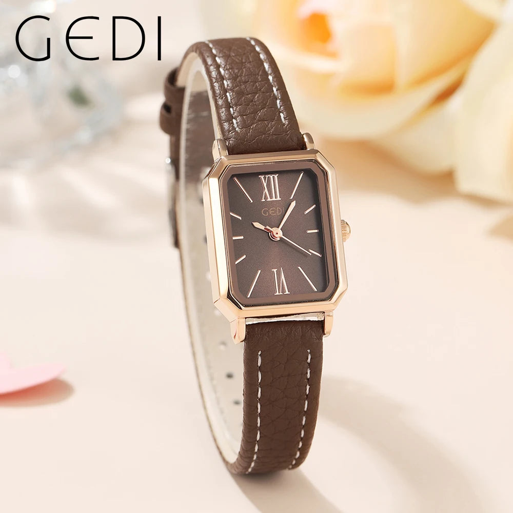 GEDI Waterproof Rectangle Small Women Watches Fashion Vintage Coffee Female Wristwatch Leather Strap Casual Quartz Ladies Clock