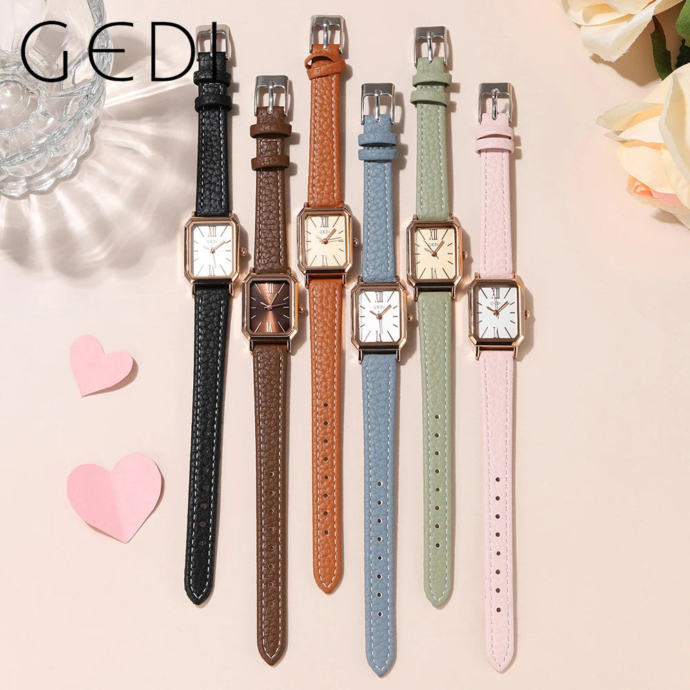 GEDI Waterproof Rectangle Small Women Watches Fashion Vintage Coffee Female Wristwatch Leather Strap Casual Quartz Ladies Clock