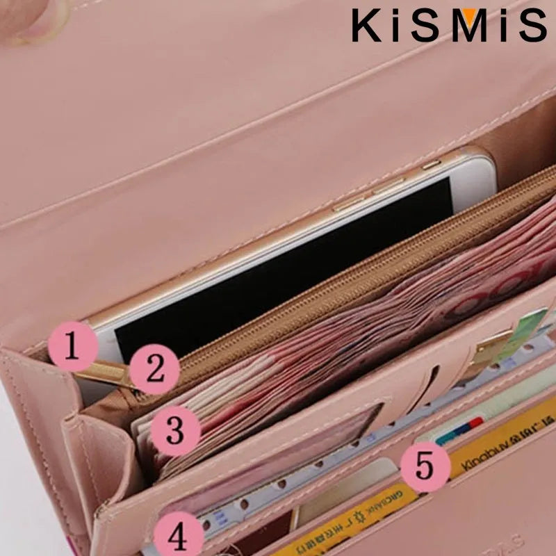 KISMIS Wallets for Women Cute Pink Pocket Womens Wallets Purses Plaid PU Leather Long Wallet Hasp Phone Bag Money Coin Pocket Ca