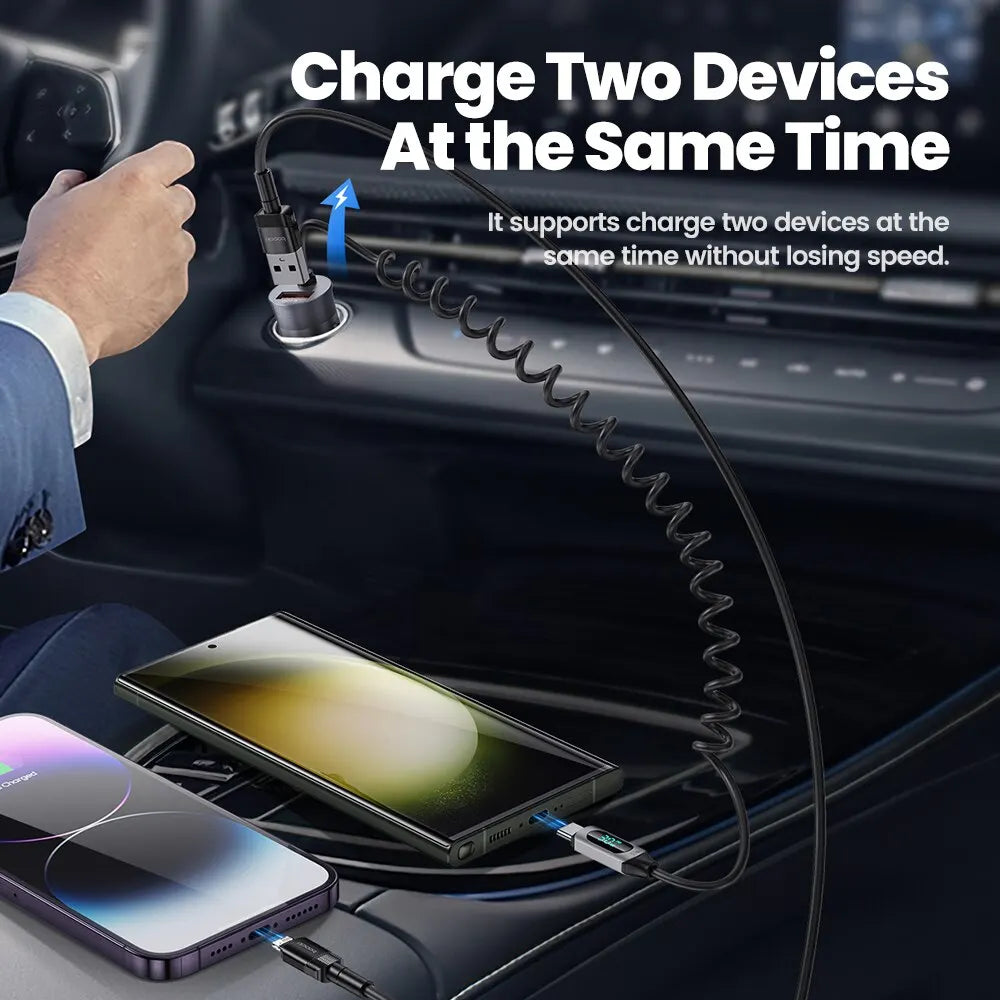 شاحن سيارة Toocki USB بقوة 65 وات، شحن سريع 3.0 4.0، شاحن هاتف للسيارة مع كابل شاشة من النوع C لأجهزة iPhone 15 14 13 12