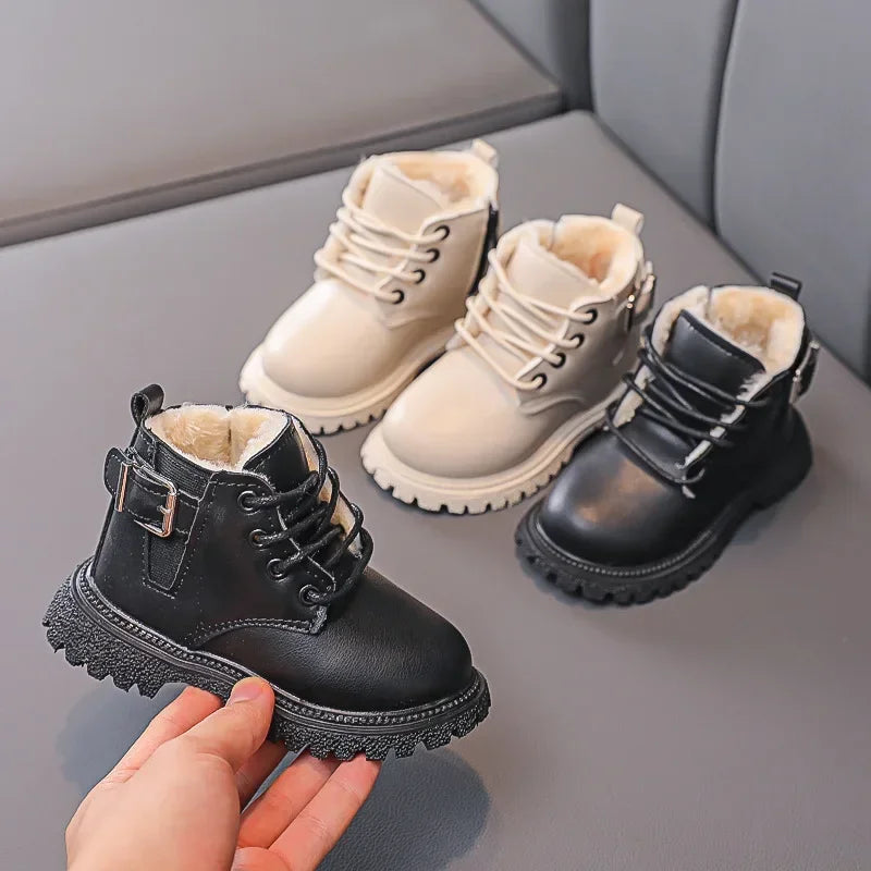 Baby Kids Short Boots Fashion Toddler Girls Booties Kids Snow Boots Winter Plush Children Waterproof Leather Boots